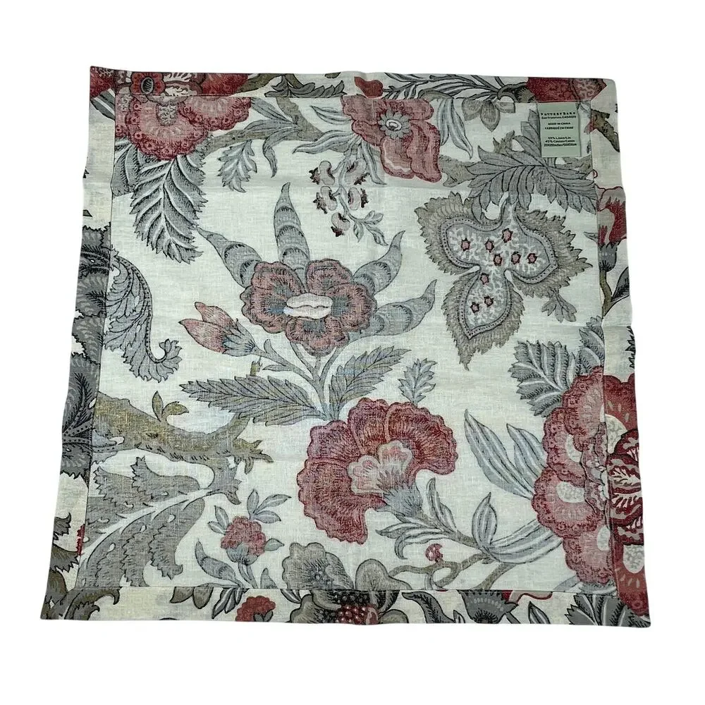 POTTERY BARN Floral Napkins Set of 4 Linen Cotton Red Gray Botanical 20x20